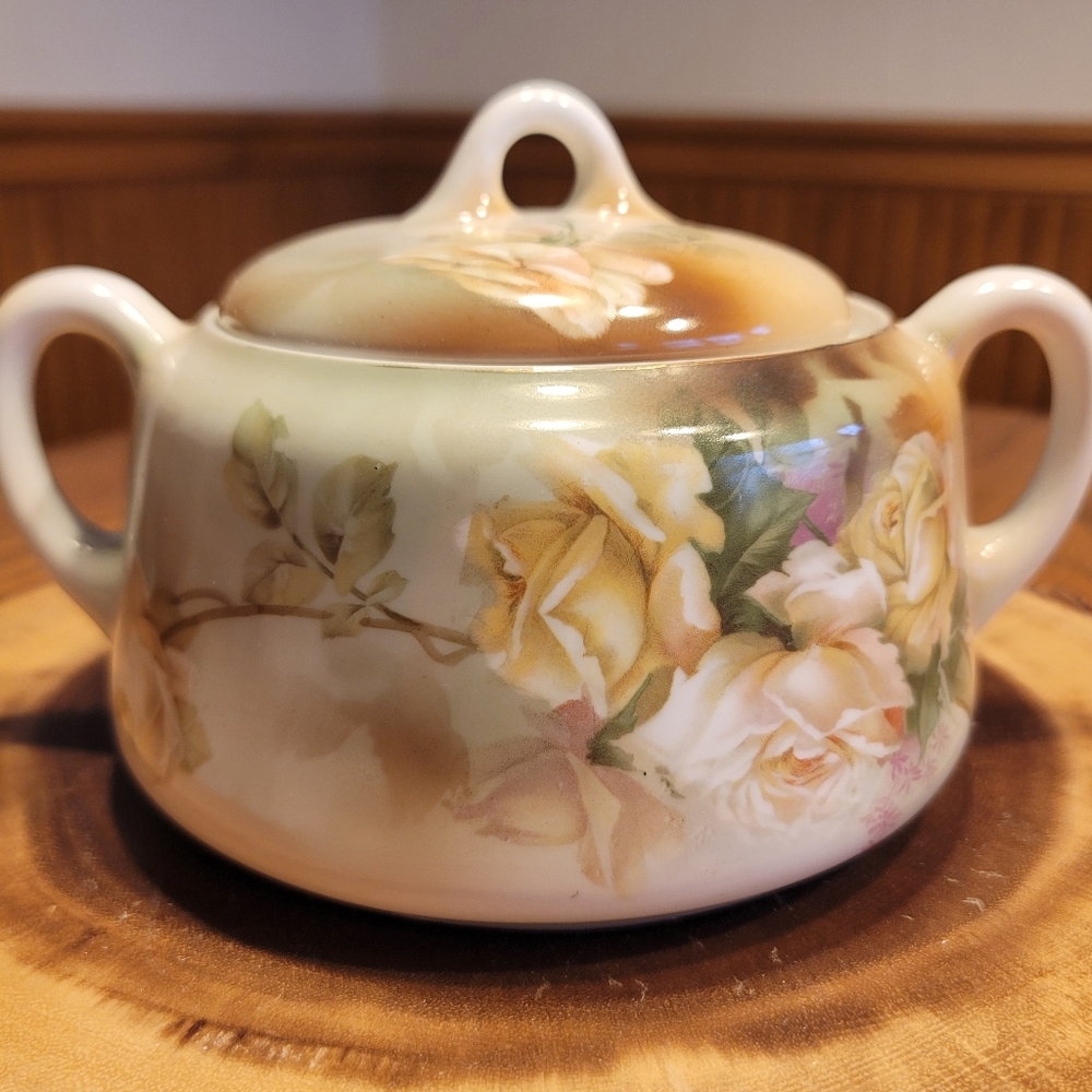 Antique RS Germany Hand Painted Yellow Gold Roses Porcelain Biscuit Jar